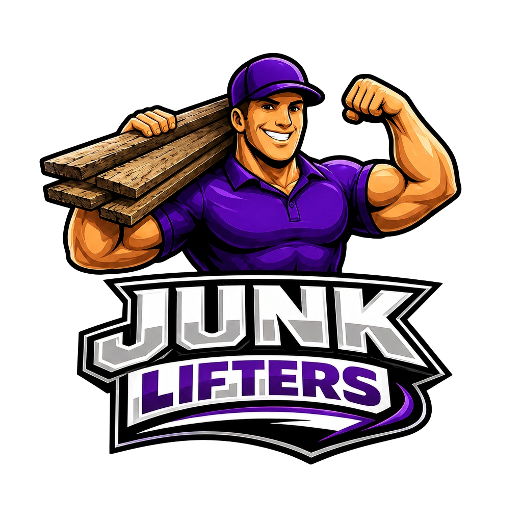 Junk Lifters mascot carrying lumber, junk removal in Montevallo Alabama